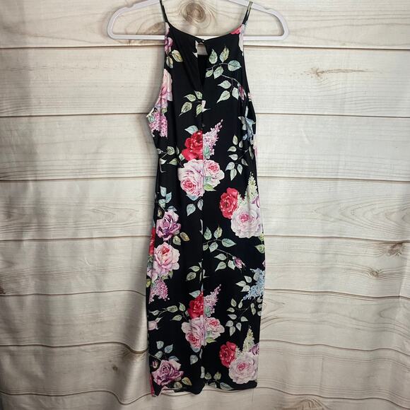 Joe & Elle Black Floral Print High Neck Bodycon Midi Dress Size Medium - Picture 4 of 8